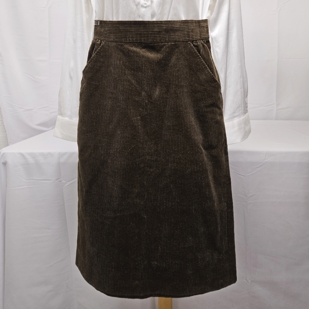 Yves Saint Laurent Paris High Waisted Corduroy Midi Skirt In Olive Brown Sz XS - Picture 2 of 14